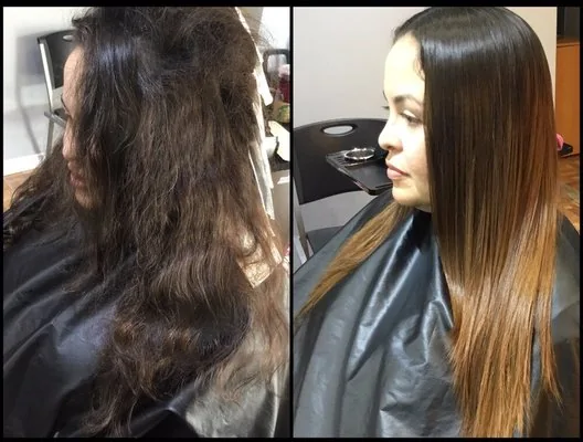 Before and after: frizzy dark hair smoothed to a glass finish with fresh caramel color